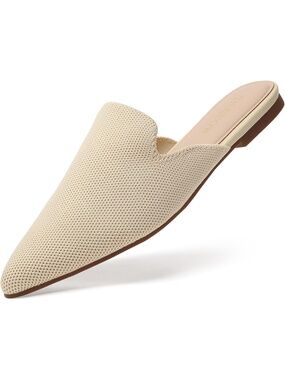 🆕 Women Cream Pointed Toe Flat Mules Knit Mesh Slip On Loafers Backless Shoes